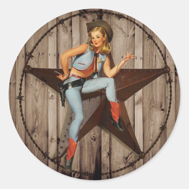 Sticker Rond Barre Wood Texas Star pays occidental Cowgirl (Devant)