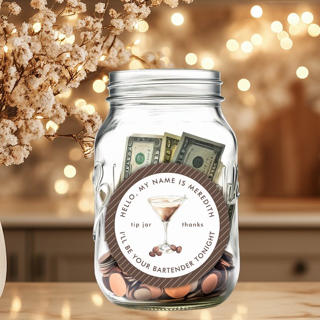 Sticker Rond Bartender Espresso Martini Tip Jar (Bartender Espresso Martini Cocktail Theme Elegant Stripes Personalized Tip Jar)