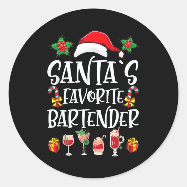 Sticker Rond Bartender Xmas Gift Santa's Favorite Bartender Chr (Devant)