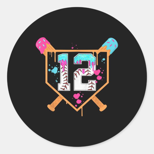 Sticker Rond Baseball 12th Birthday Boy Ice Cream Drip 12 Year  (Devant)