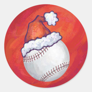 Sticker Rond Baseball avec Santa Hat sur Rouge