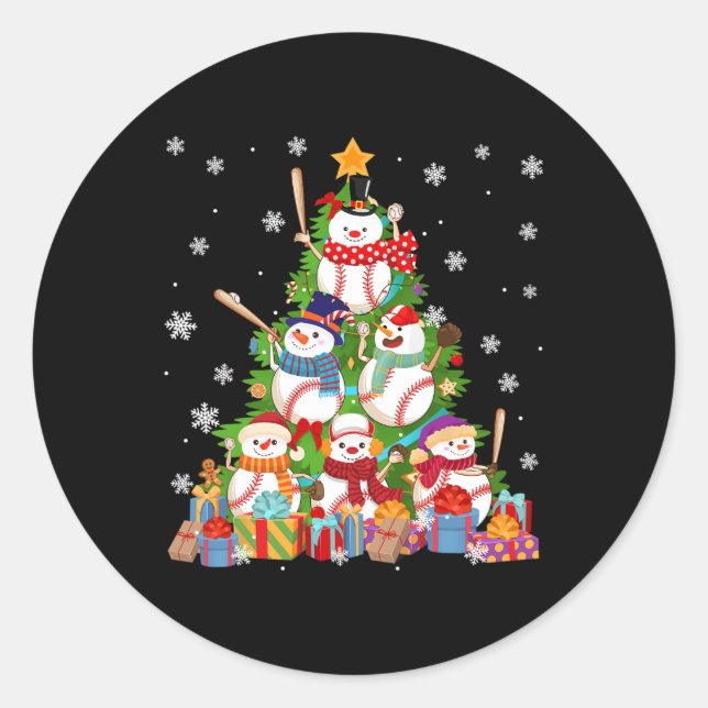 Sticker Rond Baseball Snowman Arbre de Noël Pitchers Catchers (Devant)