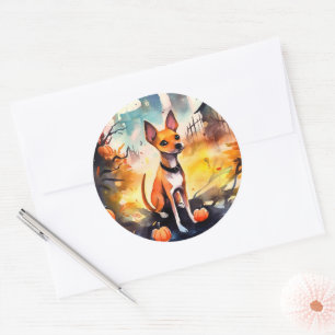 Sticker Rond Basenji Halloween avec citrouilles effrayant 