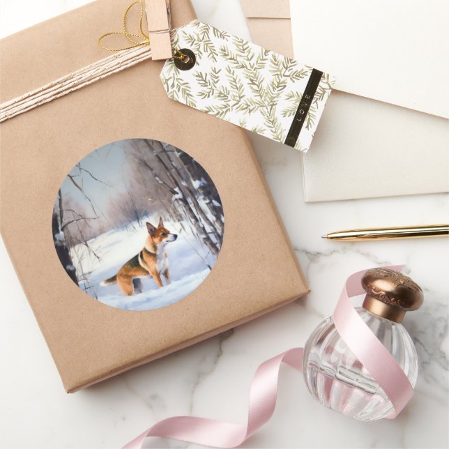 Sticker Rond Basenji Laisser neiger Noël (Cadeaux)