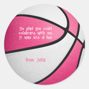 Sticker Rond basket-ball blanc rose filles fête sportive merci