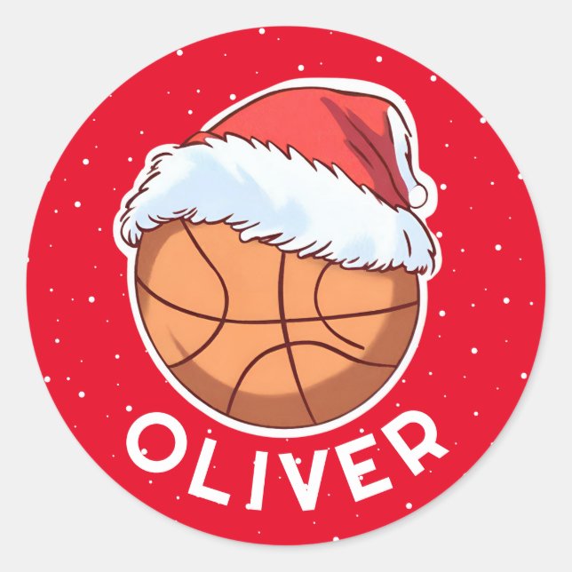 Sticker Rond Basket Ball Rouge Père Noël Nom de l'enfant (Devant)