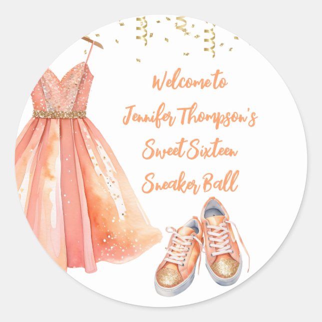 Sticker Rond Basket Ball Sweet 16 Peach & Gold Parties scintill (Devant)