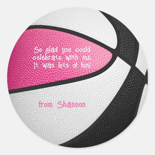 Sticker Rond basket noir rose filles sport fête merci (Devant)