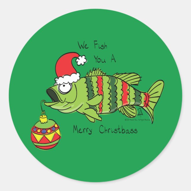 Sticker Rond Basse de Noël amusant Pêche Poisson Cute Cartoon (Devant)
