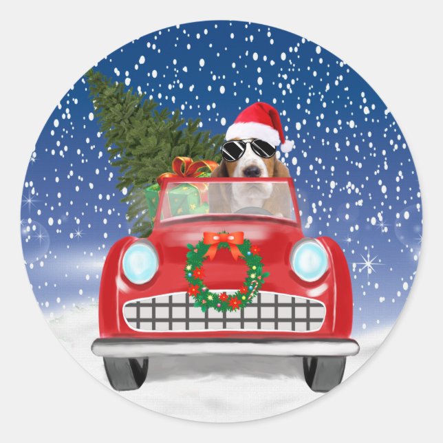 Sticker Rond Basset Hound Chien Conduite Voiture En Neige Noël  (Devant)