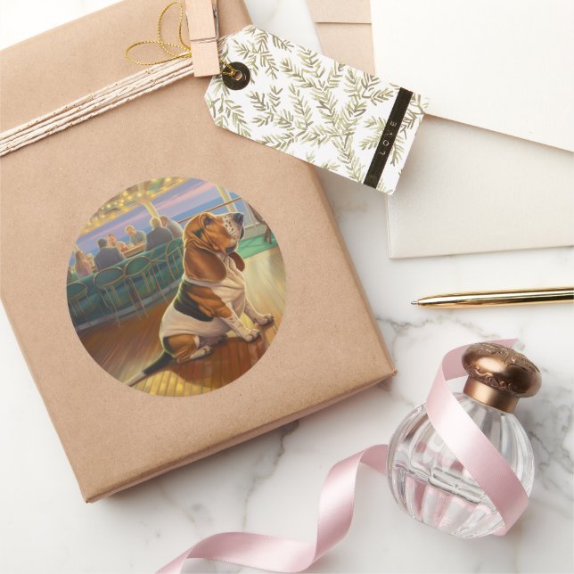 Sticker Rond Basset Hound Christmas Cruise : Pawsome Holiday (Cadeaux)