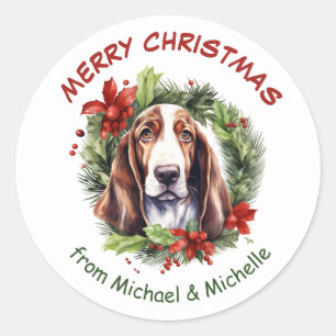 Sticker Rond Basset Hound Christmas Poinsettia Wreath