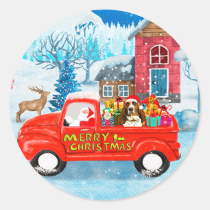 Sticker Rond Basset Hound Dog dans la livraison de Noël Camion 