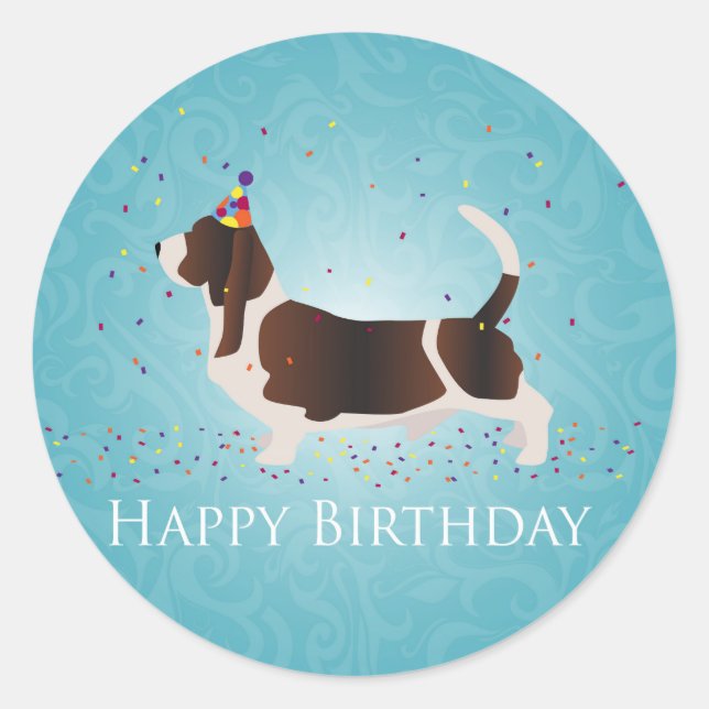 Sticker Rond Basset Hound Joyeux design d'anniversaire (Devant)