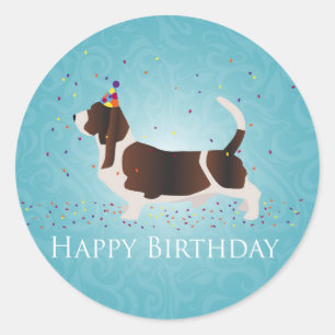 Sticker Rond Basset Hound Joyeux design d'anniversaire