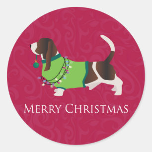 Sticker Rond Basset Hound Joyeux Noël Design