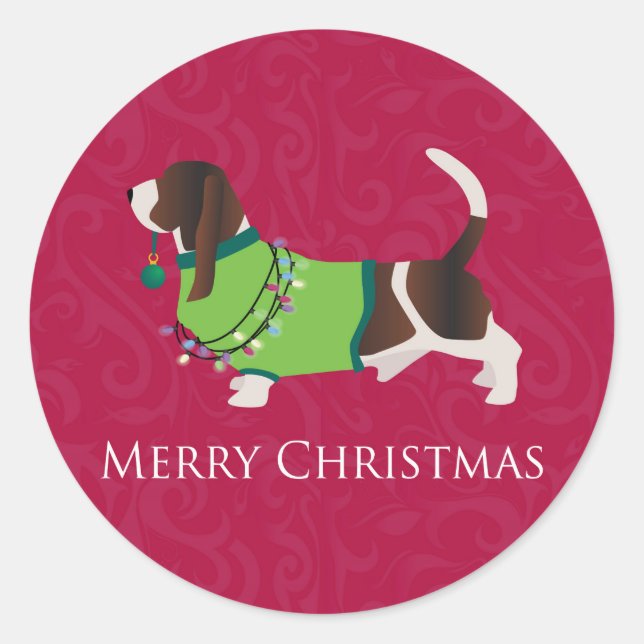 Sticker Rond Basset Hound Joyeux Noël Design (Devant)