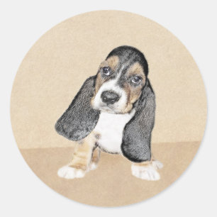 Sticker Rond Basset Hound Peinture Chiot - Art Chien original