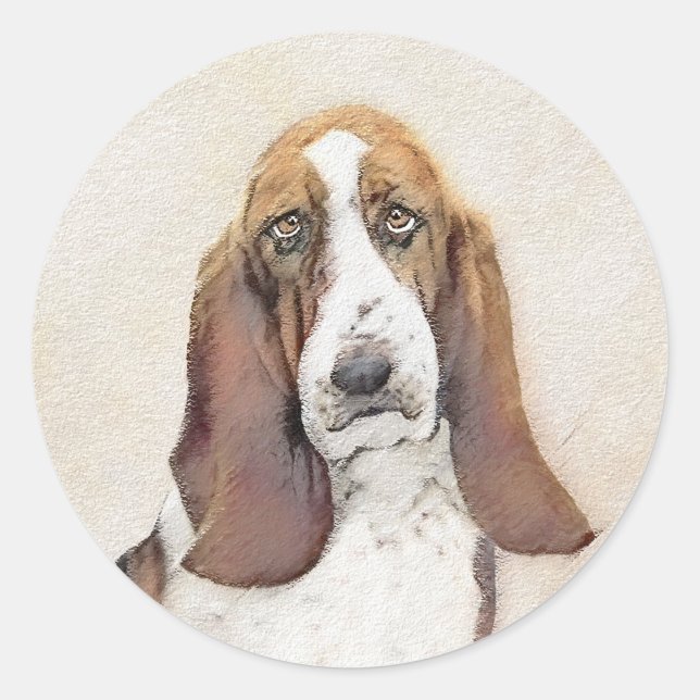 Sticker Rond Basset Hound Peinture - Cute Original Chien Art (Devant)