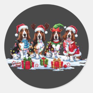 Sticker Rond Basset hound Santa chapeau bois elfe lumière de No