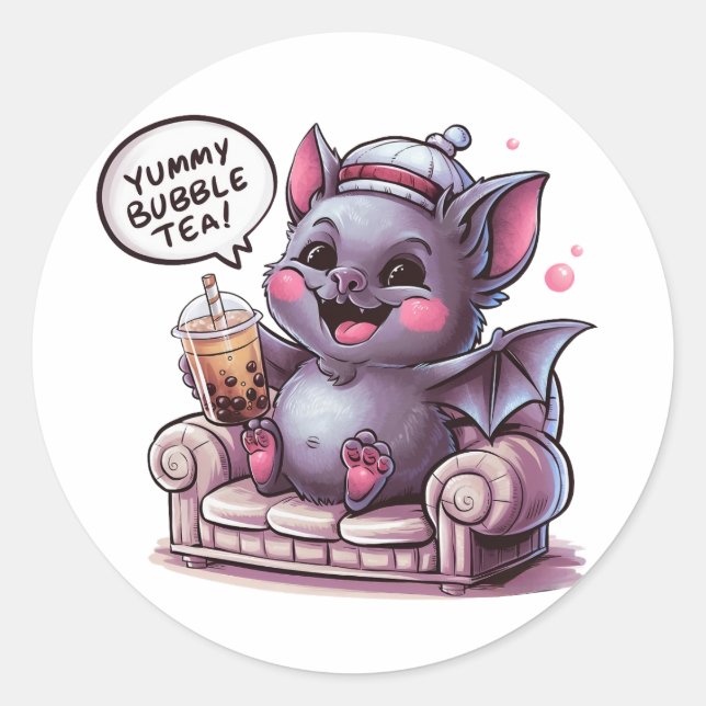 Sticker Rond Bat de dessin adorable : Cosy, Kawaii Vibes (Devant)