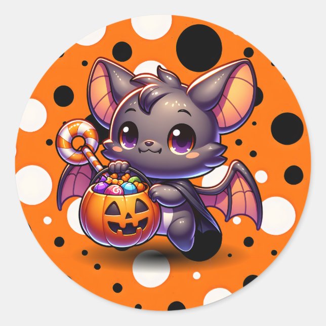 Sticker Rond Bat d'Halloween mignonne avec panier Citrouille (Devant)