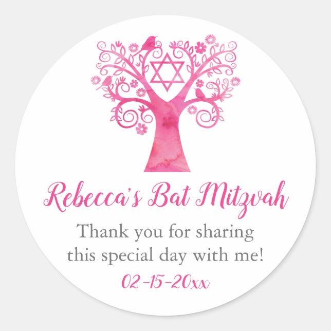 Sticker Rond Bat mitzvah d'aquarelle rose (Devant)