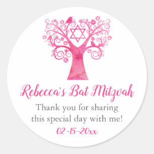 Sticker Rond Bat mitzvah d'aquarelle rose