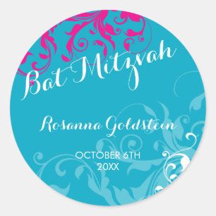 Sticker Rond bat mitzvah de 128 marines fleurissent rose turquo