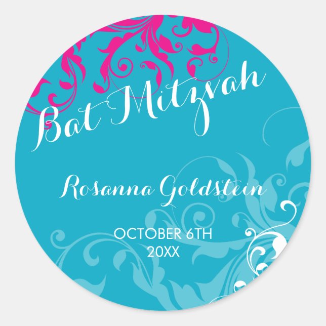Sticker Rond bat mitzvah de 128 marines fleurissent rose turquo (Devant)