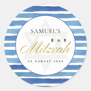 STICKER ROND BAT MITZVAH DE BARRE BAR BLEUE INDIGO WATERCOLOR