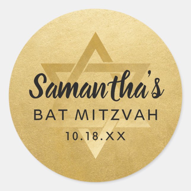 Sticker Rond Bat mitzvah d'or Bar Mitzvah Star de David Nom (Devant)
