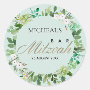 STICKER ROND BAT MITZVAH DU BAR WREATSTAR FOLIAGE BLEU AQUA