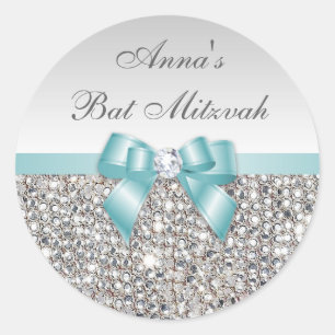 Sticker Rond Bat mitzvah Faux Silver Sequins Turquoise Bow Diam