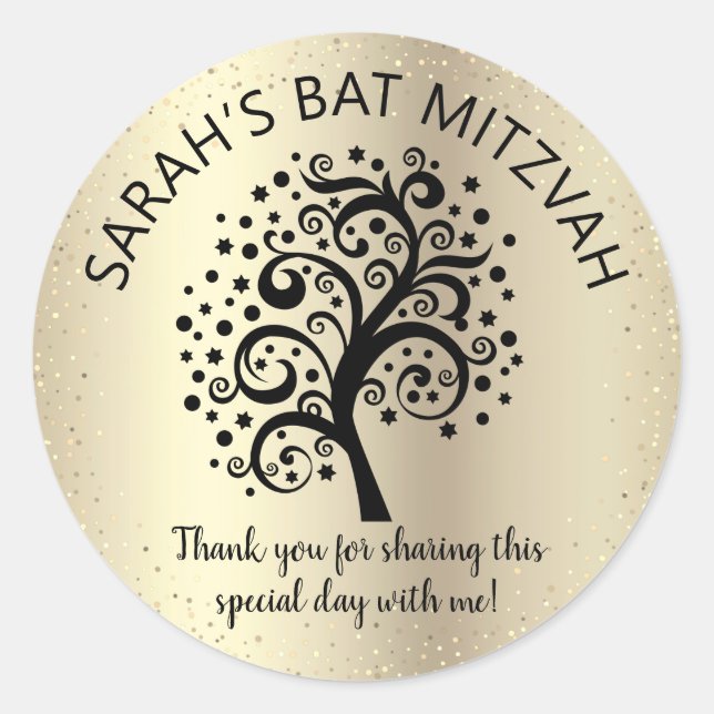 Sticker Rond Bat mitzvah Gold Foil Black Tree of Life Script (Devant)