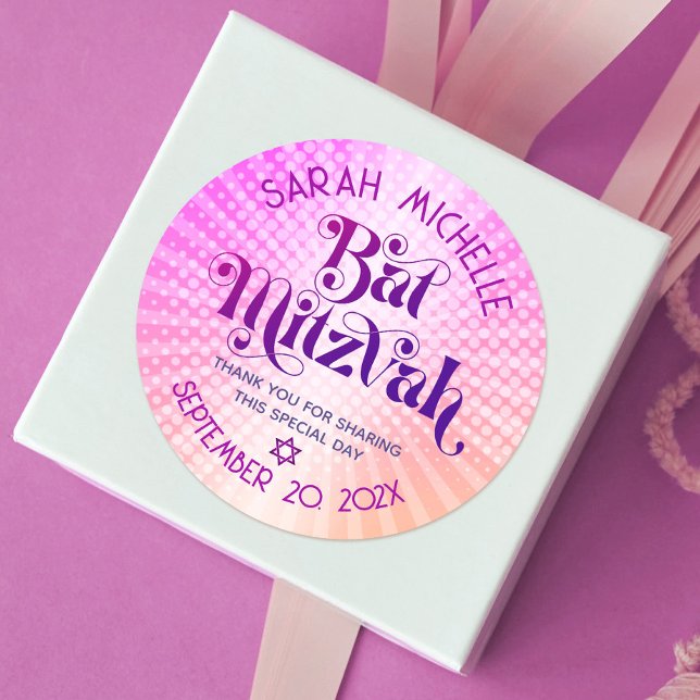 Sticker Rond Bat mitzvah Gras Rétro Boho rose orange dégradé (Créateur téléchargé)