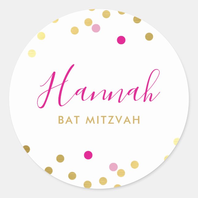 Sticker Rond BAT MITZVAH joli glam confetti tache or rose (Devant)