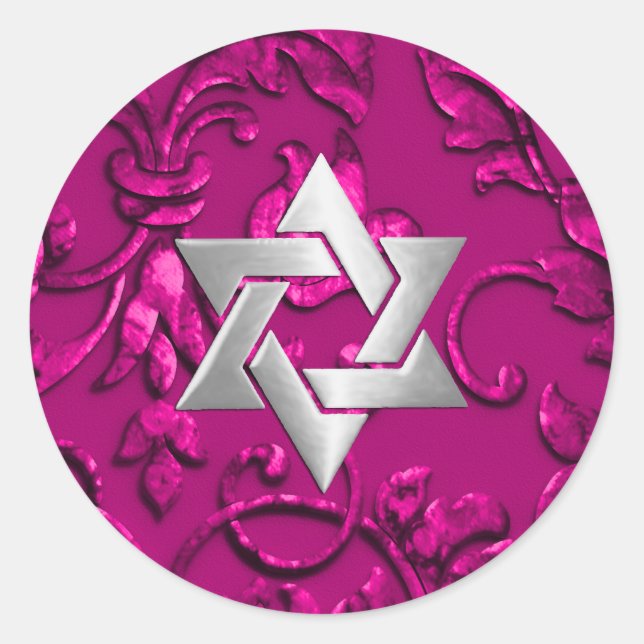 Sticker Rond Bat mitzvah Métallique Embossé Look Damask Magenta (Devant)