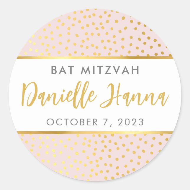 Sticker Rond Bat mitzvah mignon blush or rose pois (Devant)