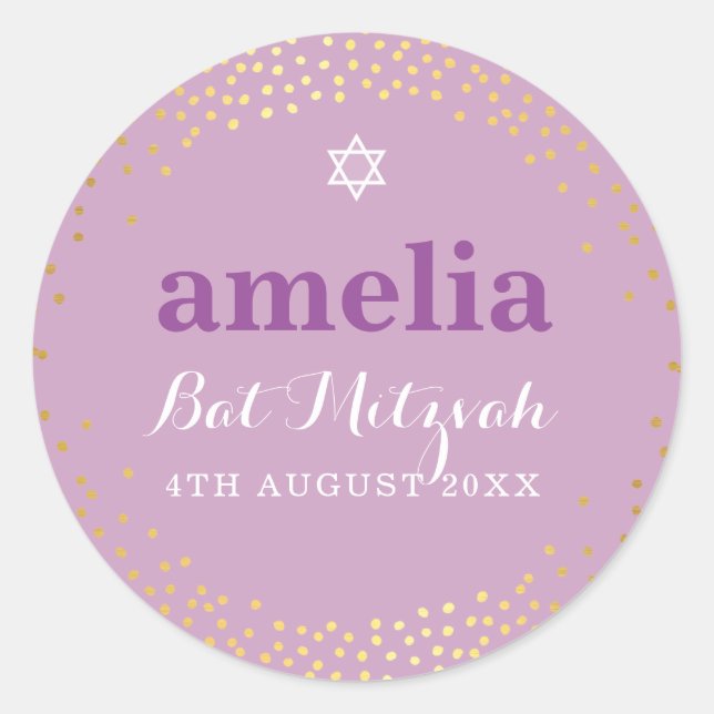 Sticker Rond BAT MITZVAH moderne rustique d'or confetti violet (Devant)