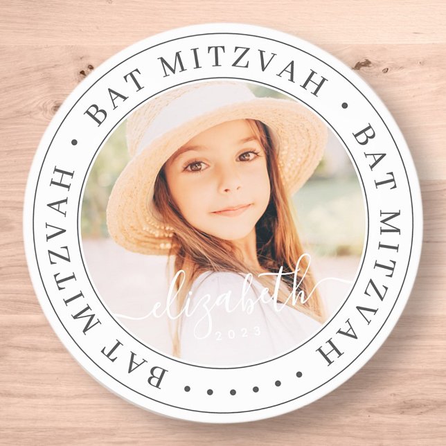 Sticker Rond Bat mitzvah Personnalisé Moderne Élégant Photo Chi (Créateur téléchargé)