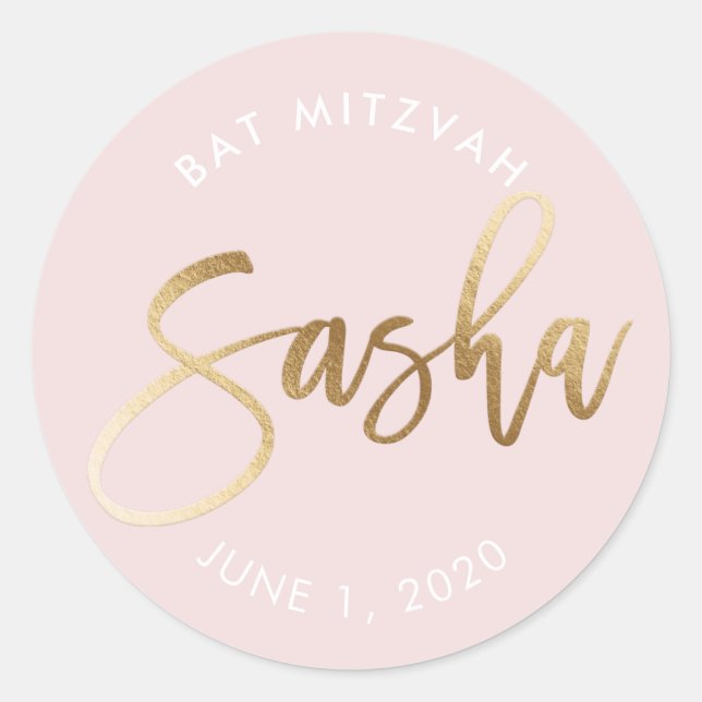 Sticker Rond Bat mitzvah PERSONNALISÉ rose pâle nom en or SASHA (Devant)