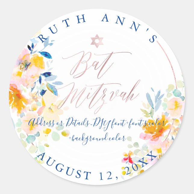 Sticker Rond Bat mitzvah PixDezines, Aquarelle Florale, Crème (Devant)