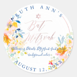 Sticker Rond Bat mitzvah PixDezines, Aquarelle Florale, Crème