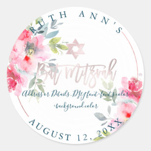 Sticker Rond Bat mitzvah PixDezines, Aquarelle Florale, Ombre