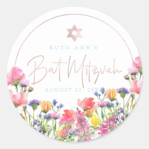 Sticker Rond Bat mitzvah PixDezines, Fleurs Sauvages Aquarelles