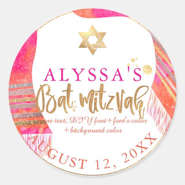 Sticker Rond Bat mitzvah Tallit PixDezines Pink+Orange Watercol (Devant)