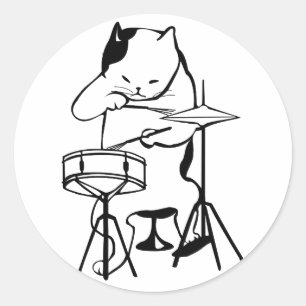 Sticker Rond Batch Cat Drums Musician Rock Jazz Funny Cute