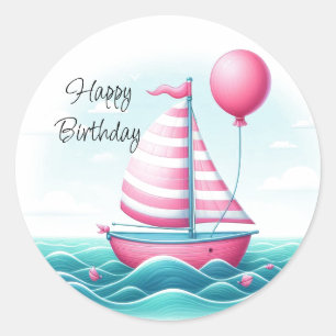 Sticker Rond Bateau à voile à rayures roses ballon voeux d'anni
