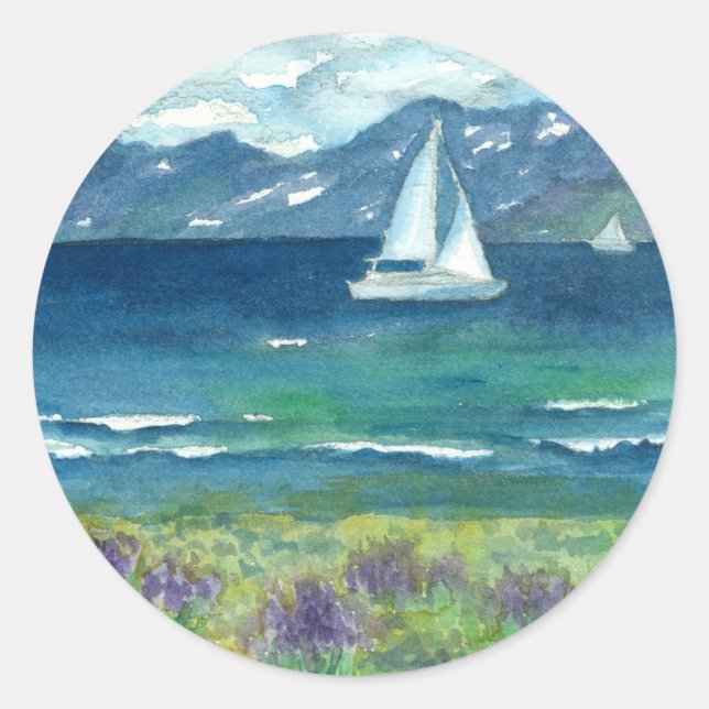Sticker Rond Bateau à voile Lac Mountain Purple Aquarelle Lupin (Devant)